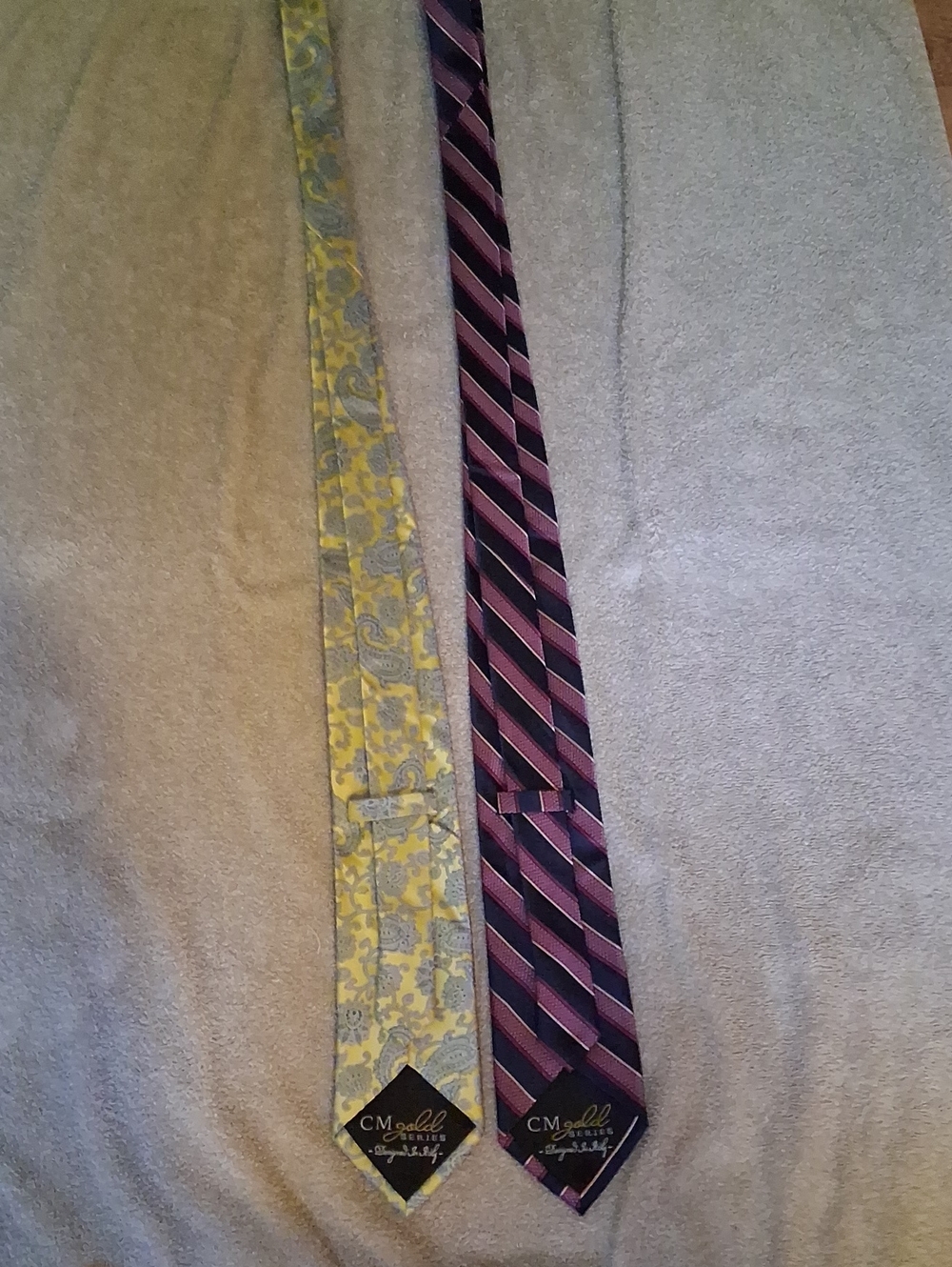 Men’s Yellow Paisley Tie & Purple Striped Tie Set. Silk. 66"